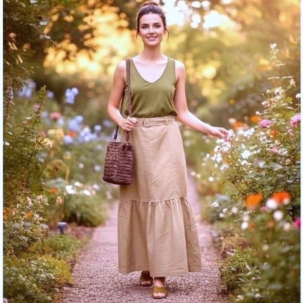 NEW Tiered Maxi Skirt Womens Med. Tan Belt Ruffle Cotton Blend Stretch Waist